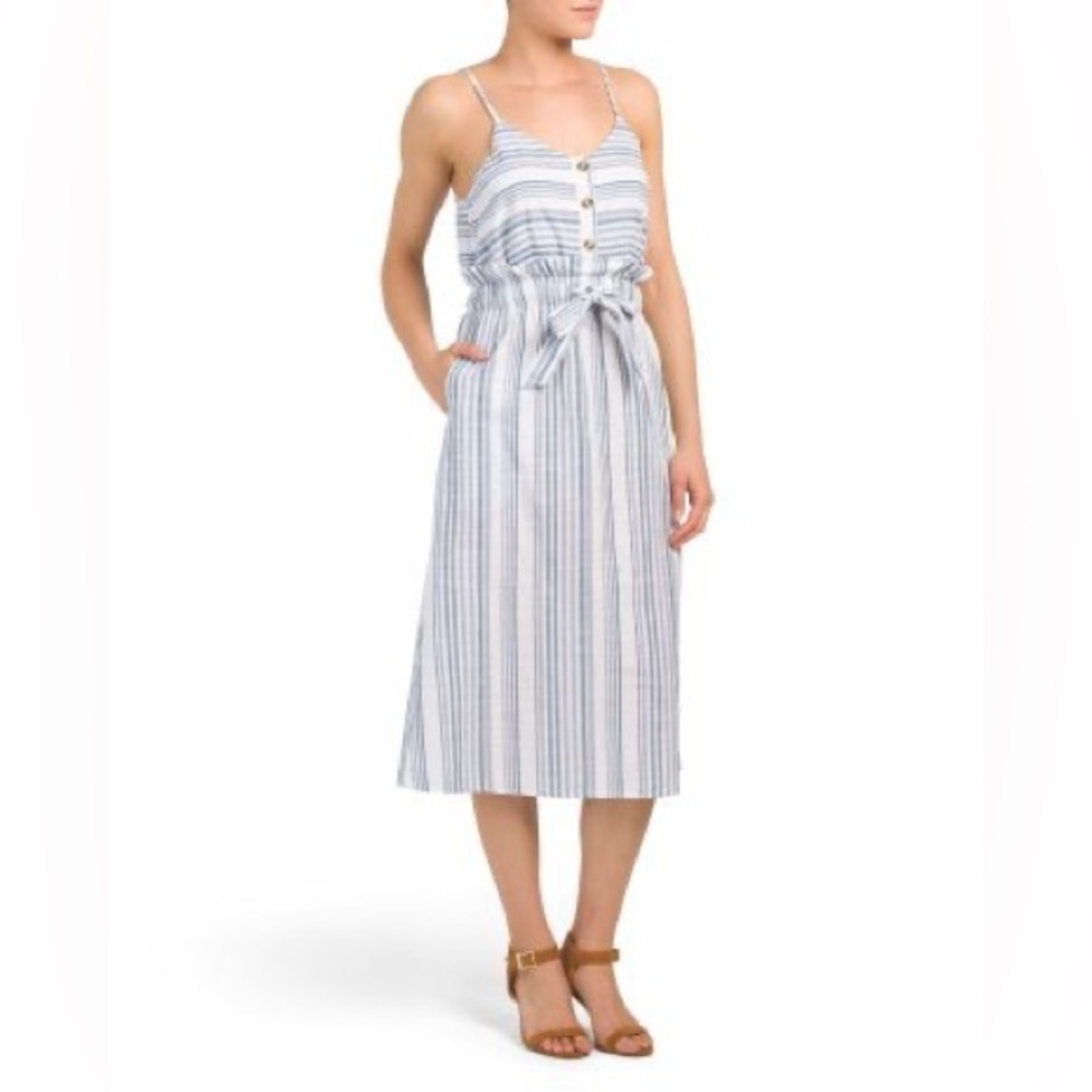 Japna Blue and White Stripe Cotton Tie Front Sundress w Pockets Womens size L